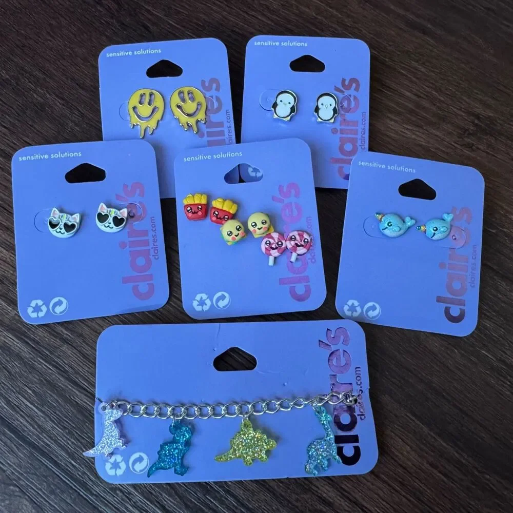 Claire’s Lot: 7 New Post Earrings Sensitive & Glitter Dino Choker Animals Cute